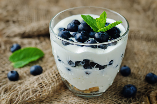 Blueberry greek yogurt parfait. toning. selective focus