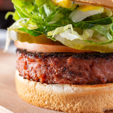 Close-up of a veggie burger on a bun, depicting structured vegetable proteins as a texturizer type.