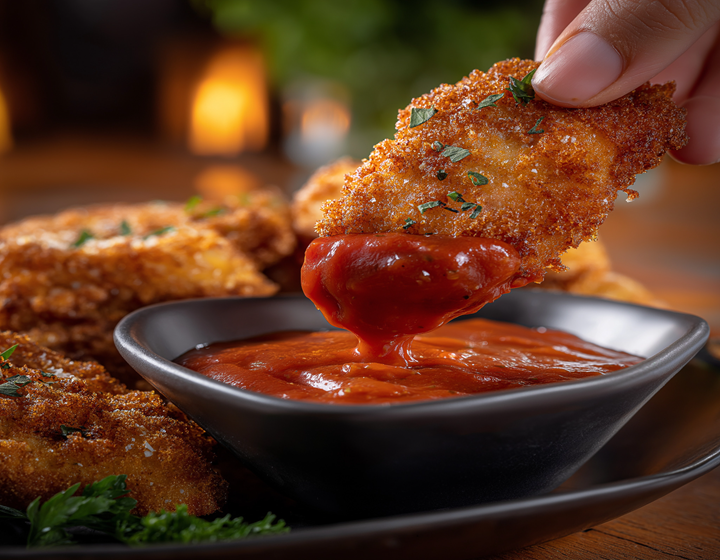 Crispy breaded chicken tender being dipped into a bowl of rich red marinara sauce, surrounded by freshly cooked golden chicken pieces