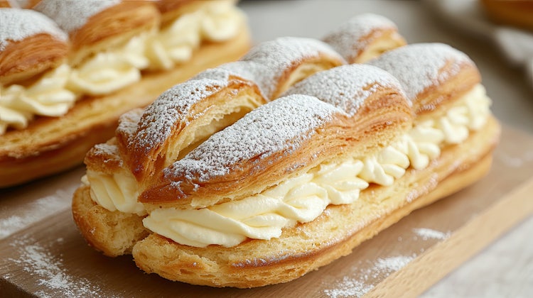 freshly baked mille-feuille filled with creamy vanilla custard and dusted with powdered sugar, placed on a wooden board. The golden-brown pastry is flaky and layered, showcasing its delicate texture.