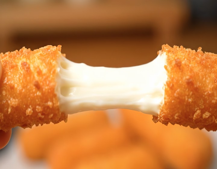 Close-up of a crispy fried cheese stick being pulled apart, showing melted stretchy cheese and golden crunchy breading