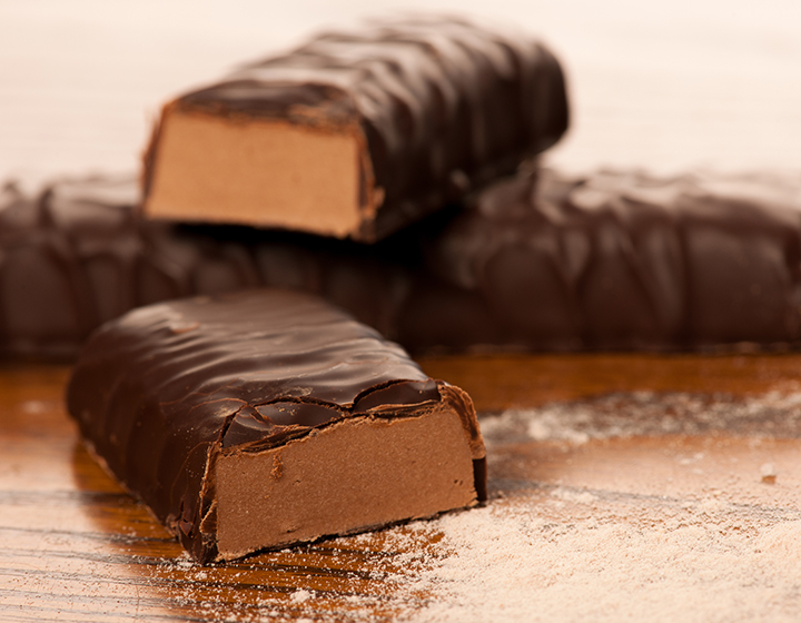 Sliced, stacked, chocolate covered protein bars
