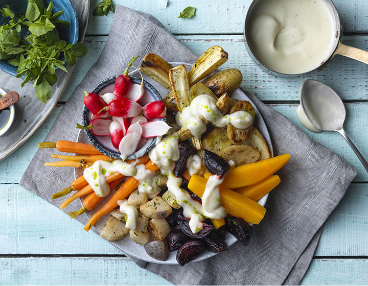 Fresh vegetables with celeriac veloute drizzled atop