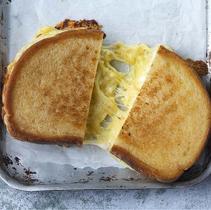 Top down view of a grilled cheese toastie cut in half