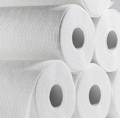 A stack of white paper towel rolls
