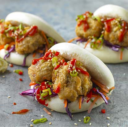 Bao buns with fried nuggets and coleslaw