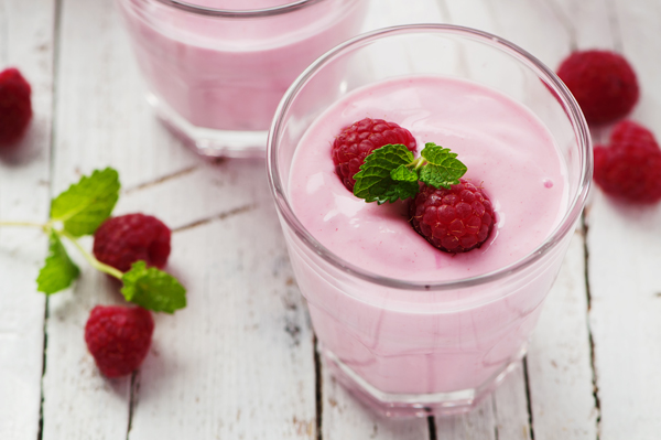Homemade yogurt with raspberry and mint, selective focus