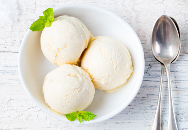 Vanilla Ice Cream with Mint in bowl Organic product