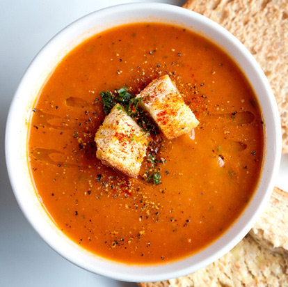 close-up of clean label soup with croutons