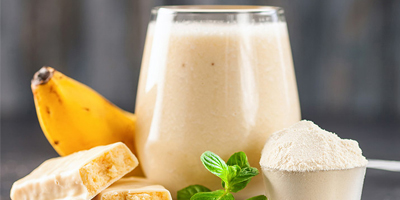 Fiber-added banana protein shake in glass