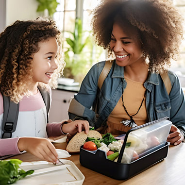 Mother and daughter with a meal of vegetables and bread