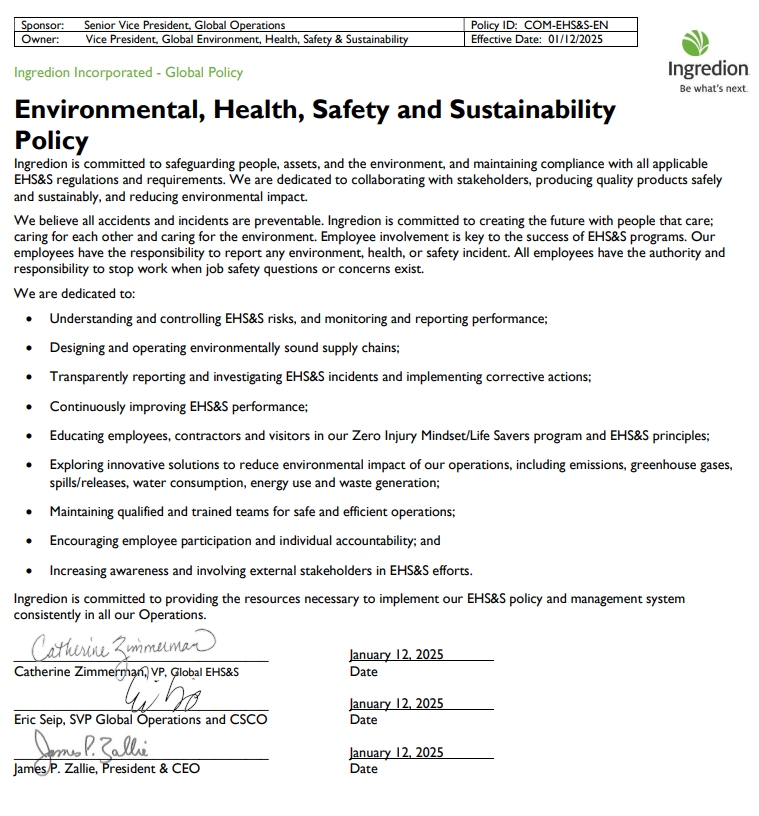 Environmental, Health, Safety and Sustainability Policy 