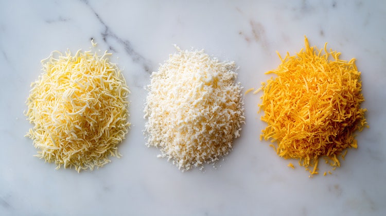 Three piles of shredded cheese on a marble surface, featuring light yellow, white, and orange varieties. The cheeses are arranged side by side, showcasing different types and colors for culinary use