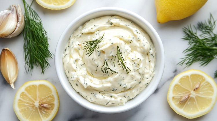 Creamy dill sauce in a bowl, garnished with fresh herbs and surrounded by lemon halves, garlic cloves, and dill sprigs on a marble surface, showcasing fresh ingredients and gourmet dip presentation