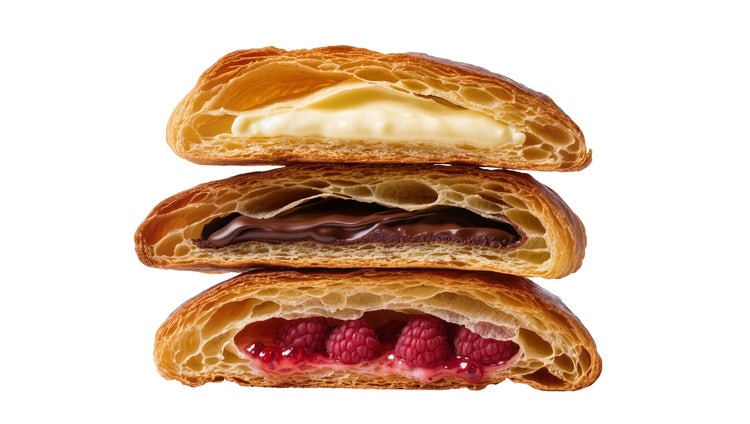 Hojaldres dorados rellenos de crema, chocolate y frambuesa en corte transversal, destacando la textura laminada y la calidad del relleno