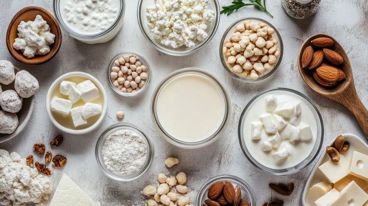 Assortment of dairy and non-dairy products on a light surface, including bowls of cheese cubes, cottage cheese, yogurt, almonds, chickpeas, seeds, powders, and a central glass of milk or milk alternative. The layout highlights variety in textures and colors