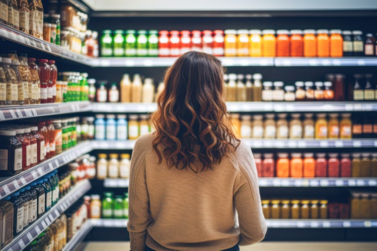 Female shopper with curly hair examining colorful shelves stocked with assorted jars and bottles in a well-lit grocery store, representing consumer decision-making and retail experience.