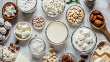 Assorted dairy products and nuts displayed in bowls on a marble surface, including cottage cheese, yogurt, cream, and almonds, showcasing fresh high‑protein ingredients