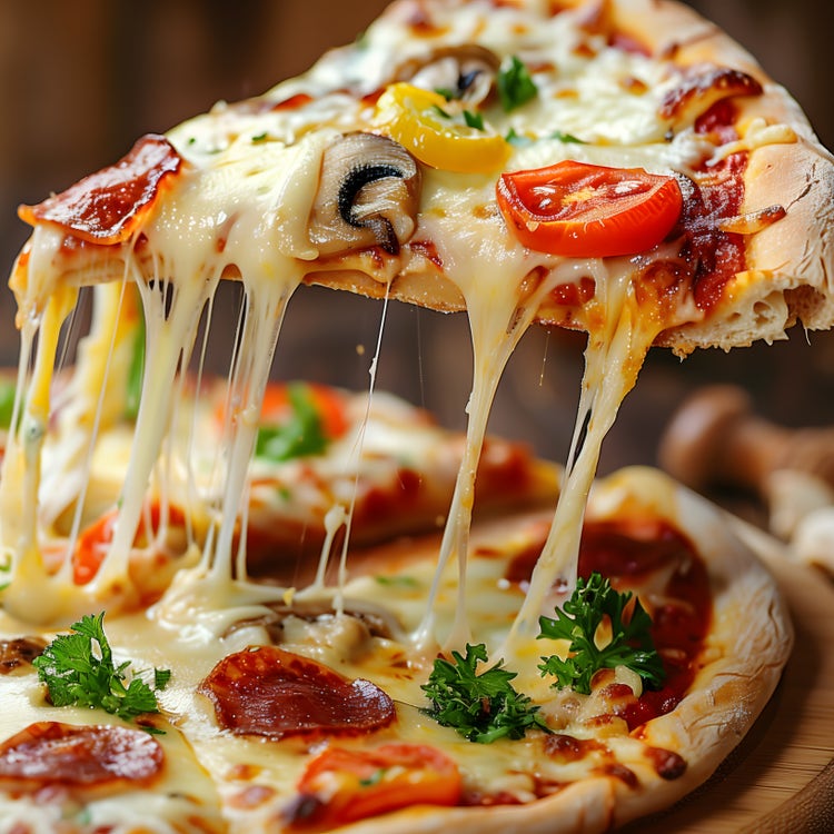Freshly baked cheese pizza with pepperoni, mushrooms, cherry tomatoes, and parsley. A hot slice is being lifted, showing stretchy melted cheese. Blurred background includes fresh tomatoes and herbs