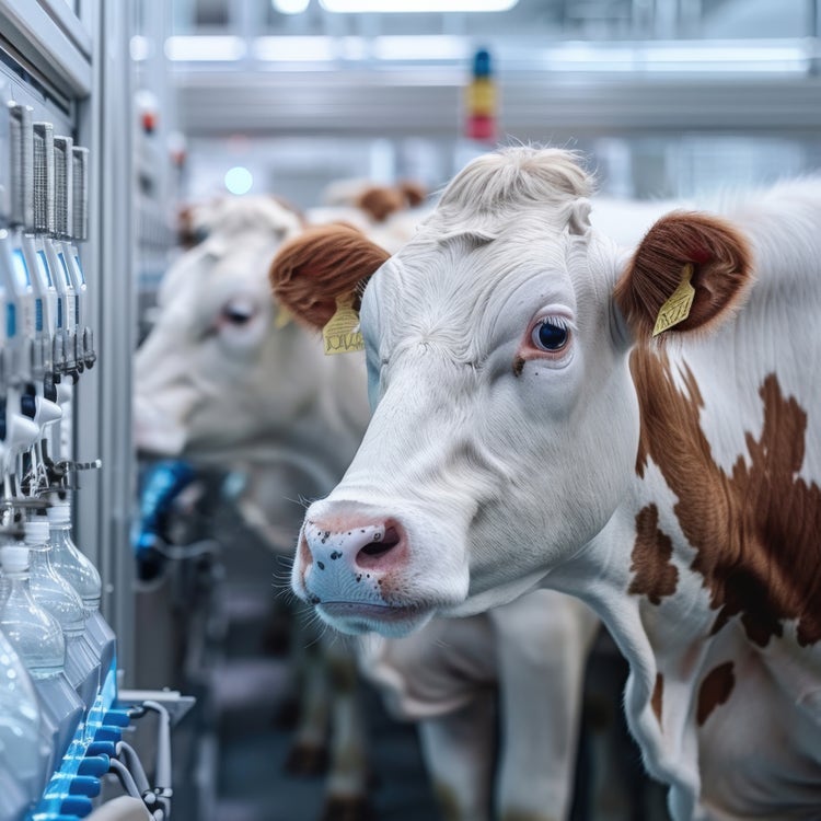 Close-up of cows in a modern dairy farm using automated milking machines. The clean, high-tech environment includes equipment and bottles, highlighting advanced agricultural technology in milk production