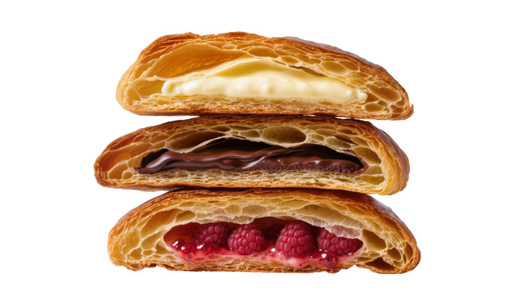 Hojaldres dorados rellenos de crema, chocolate y frambuesa en corte transversal, destacando la textura laminada y la calidad del relleno
