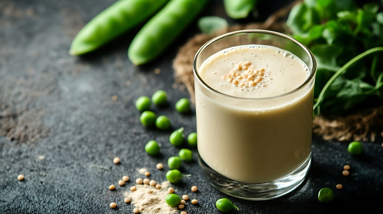 A glass of pea protein smoothie with pea pods and seeds on a rustic background.