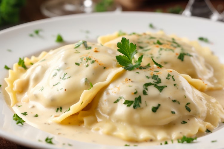 Plate of ravioli topped with creamy white sauce and garnished with chopped parsley, showcasing a savory pasta dish ideal for recipe inspiration or food presentation