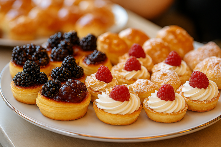 Plate of assorted mini pastries topped with fresh berries and cream, including tarts with blackberries and raspberries, arranged on a white dish