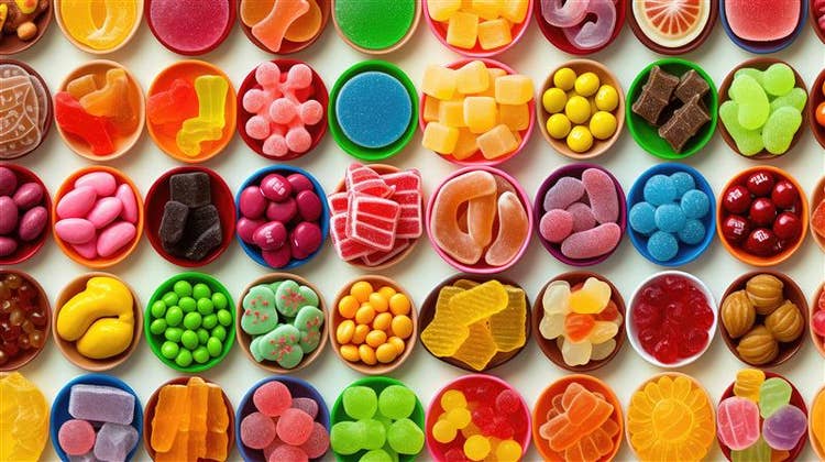 Colorful assortment of candies in small round bowls arranged in a grid pattern, including gummy bears, jelly beans, licorice, and various bright sweets in red, yellow, green, pink, and blue
