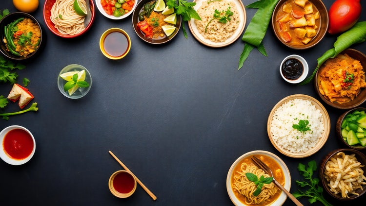 Colorful assortment of Asian dishes arranged on a dark table, including noodles, rice bowls, curries, vegetables, and sauces, presented in a vibrant overhead food layout
