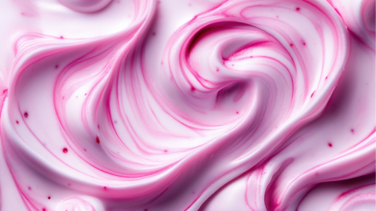 Close-up of smooth pink and white cream swirls with a glossy texture, resembling berry yogurt or whipped dessert