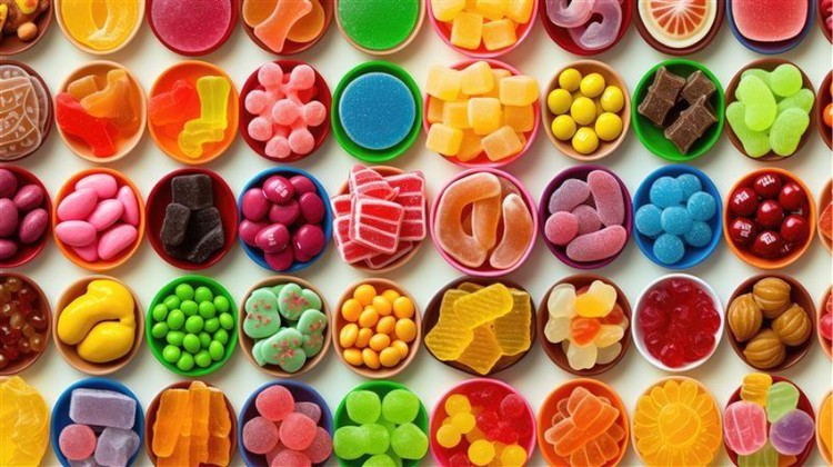 Colorful assortment of candies in small round bowls arranged in a grid pattern, including gummy bears, jelly beans, licorice, and various bright sweets in red, yellow, green, pink, and blue