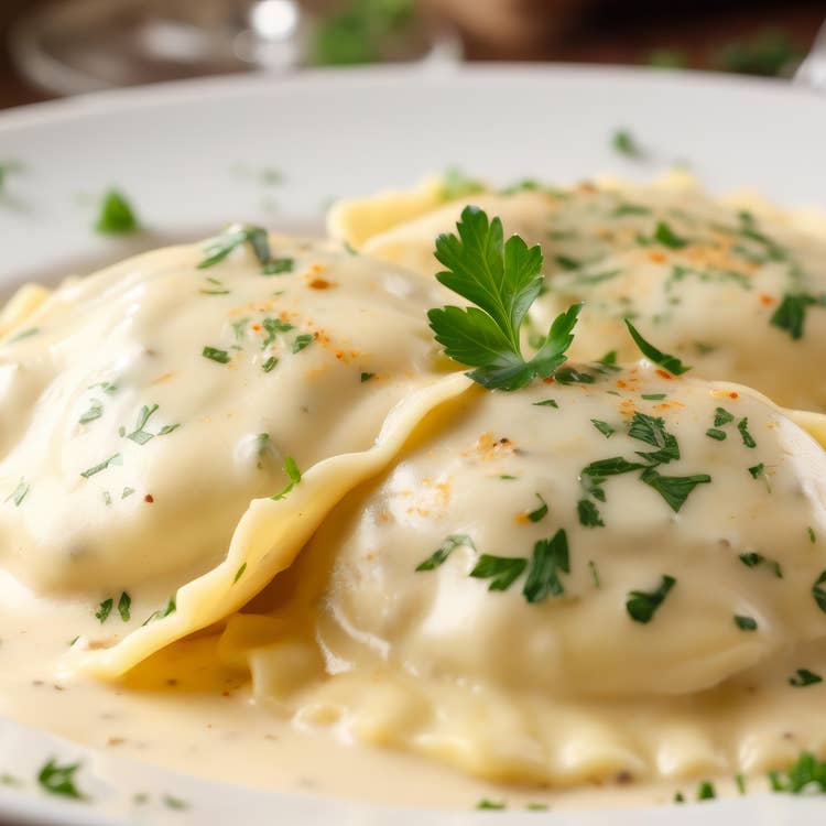 Ravioles rellenos bañados en salsa cremosa de queso, decorados con perejil fresco sobre plato blanco, receta gourmet italiana ideal para pasta casera