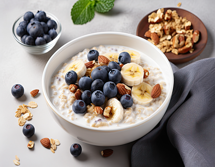 Bowl of oatmeal topped with blueberries, banana slices, and nuts, surrounded by fresh fruit and granola