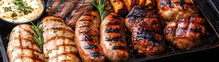 Grilled chicken and steak cuts with herbs, representing meat, seafood, and poultry applications.